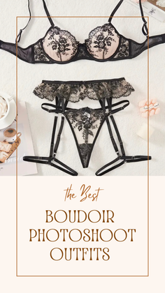 Black lace lingerie set with a bra, garter belt, and thong on a white surface
