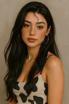 Woman with long dark hair and freckles wearing a cow print top and hoop earrings