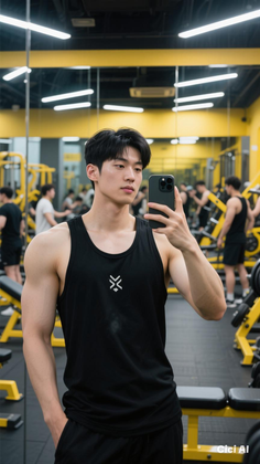 Man in a black tank top taking a mirror selfie at the gym