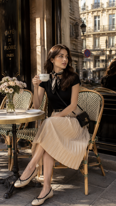Woman in a black top and pleated skirt sitting at an outdoor cafe