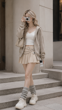 Blonde woman in a hoodie and pleated skirt holding a camera outdoors
