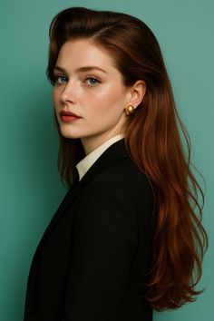 Woman with red hair and blue eyes wearing a black blazer and gold earrings