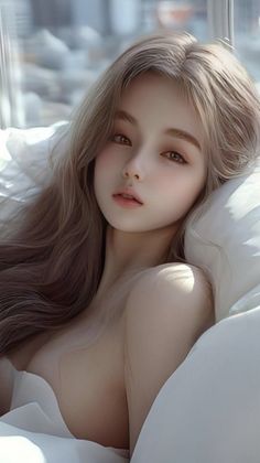Woman with long blonde hair in bed with white sheets