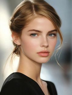 Woman with blonde hair in an updo and a black top, looking directly at the viewer