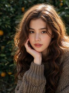 Woman with long wavy hair in a brown sweater outdoors with backlight