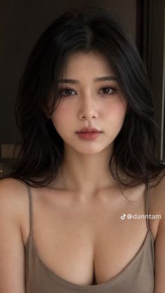 Woman with long dark hair wearing a spaghetti strap top with visible cleavage
