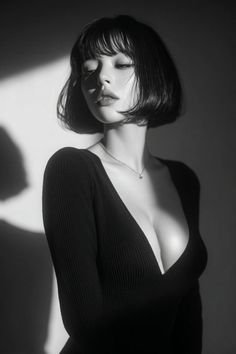 Woman with short black hair in a deep V-neck top, dramatic lighting