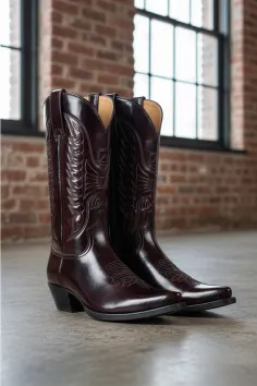Pair of dark brown leather cowboy boots with embroidered details