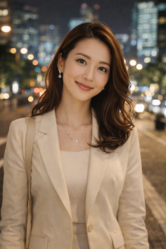 Woman in a light suit jacket and jewelry smiling at night with city lights