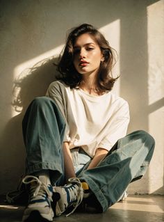 Woman with short hair wearing a loose t-shirt and jeans, sitting on the floor