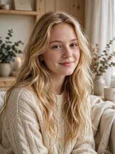 Young woman with long blonde hair wearing a knitted sweater indoors