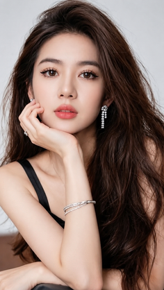 Woman with long brown hair wearing jewelry and a black top