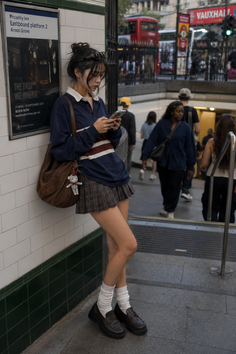 Woman in a plaid skirt and long sleeve shirt leaning against a wall at a subway station