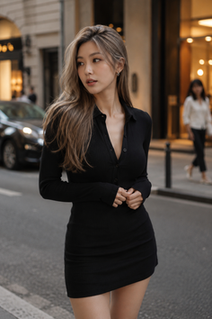 Woman in a black ribbed dress on a city street