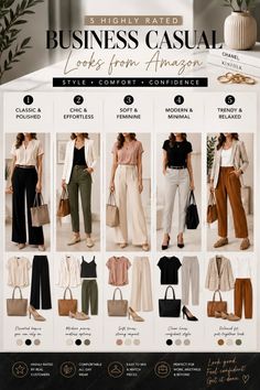 A fashion guide showcasing five business casual looks for women