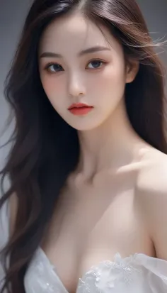 Woman with long dark hair wearing a white dress with exposed shoulders and cleavage