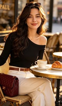 Woman with long hair in an off-shoulder top at an outdoor cafe during golden hour