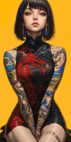 Woman with short hair and full body tattoos wearing a cheongsam dress with a red dragon design