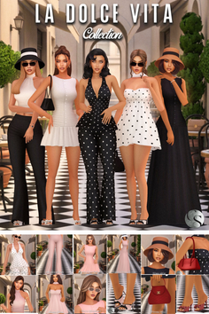 Five women in various polka dot and solid colored outfits outdoors