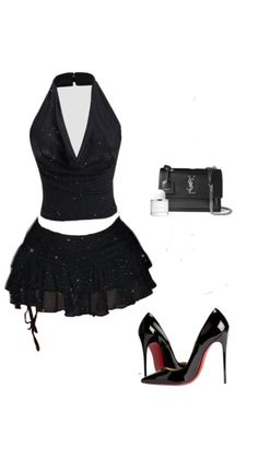 Black halter top and mini skirt with high heels and accessories