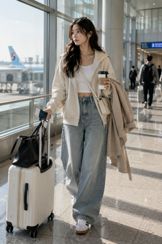 Woman in a hoodie and wide leg jeans walking through an airport with luggage