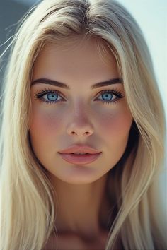 Close-up portrait of a woman with blonde hair and blue eyes