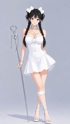 Anime girl in a white dress with twin tails and a heart-shaped staff