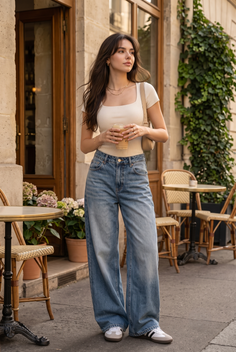 Woman in wide leg jeans and a top holding iced coffee outside a cafe