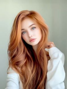 Woman with long red hair and green eyes wearing a white sweater