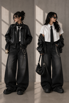 Two women in matching dark outfits with wide leg jeans and leather jackets