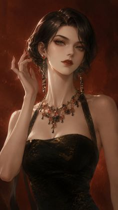 Woman with short dark hair wearing a black dress and ornate jewelry