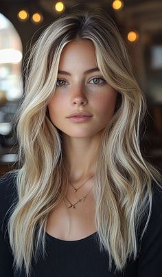 Woman with long blonde hair and freckles wearing a black shirt and necklaces