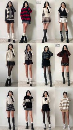 Multiple women showcasing different casual outfits with skirts and sweaters