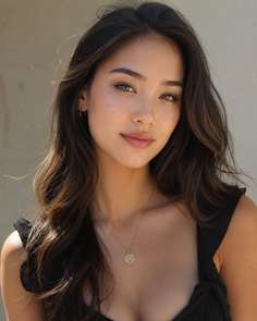 Woman with long wavy hair and green eyes wearing a black top and gold necklace