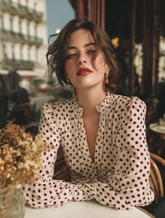 Woman in a polka dot dress with long hair and freckles, sitting indoors