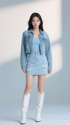 Woman in a denim jacket and skirt with white boots standing indoors