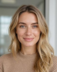 Woman with blonde hair and blue eyes wearing a brown sweater, smiling at the camera