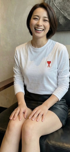 Woman with short hair wearing a white long sleeve shirt and black leather skirt, smiling