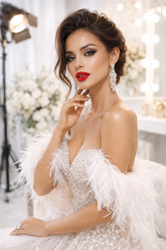Woman in a strapless, feathered dress with red lipstick and long earrings
