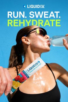 Sweaty woman in a sports bra drinking water from a bottle