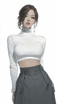 Woman in a white cropped turtleneck and dark skirt with exposed midriff