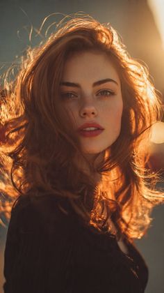 Woman with red hair and freckles backlit by golden hour sun