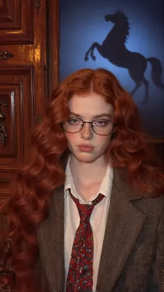 Woman with long red hair wearing glasses and a suit jacket with a red tie