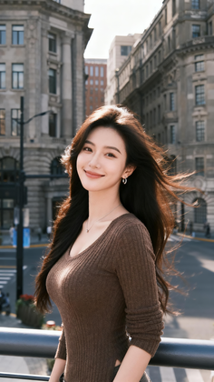 Woman with long hair in a brown top smiling outdoors with city buildings in the background