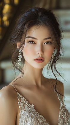 Woman with dark hair and elaborate earrings wearing a lace dress