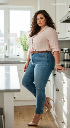 Woman with curly hair wearing jeans and a blouse in a kitchen