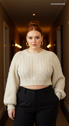 Woman with red hair in a bun wearing a chunky knit sweater and black pants indoors