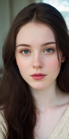 Close-up portrait of a young woman with long brown hair and blue eyes