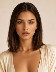 Woman with short brown hair in a light-colored top with cleavage