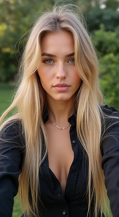 Woman with blonde hair and a black shirt with visible cleavage outdoors